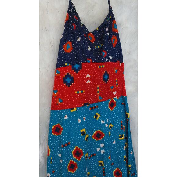 The Red Eye Spaghetti Strap Halter Colorful Patchwork Maxi Sundress Size 5 - Picture 10 of 12